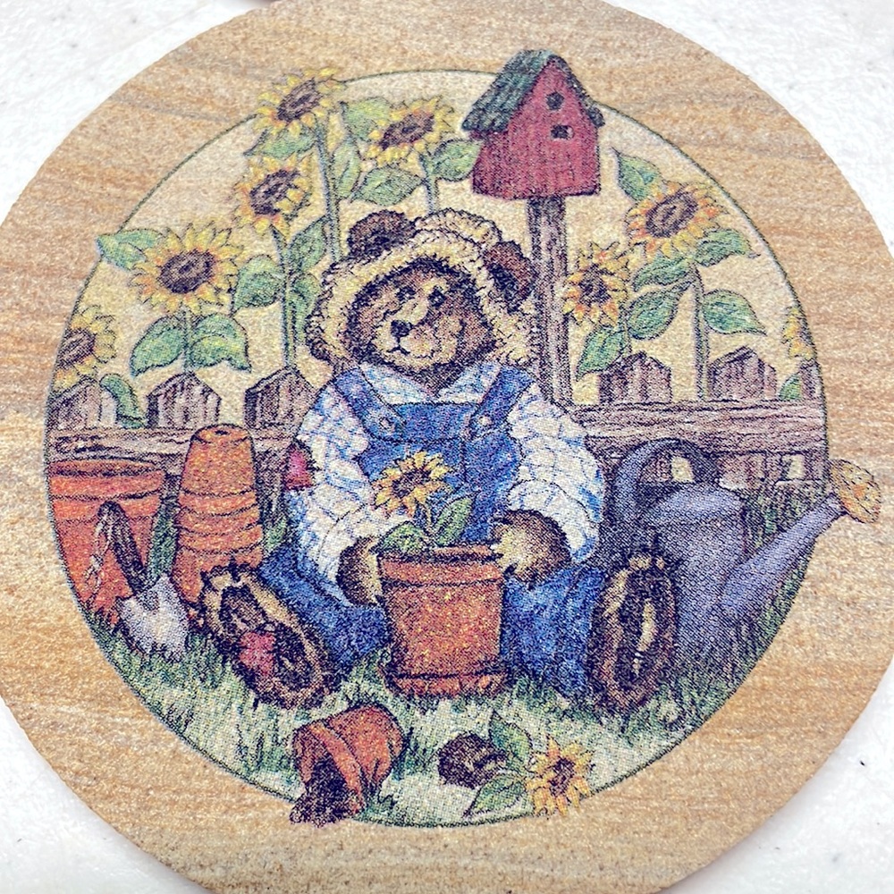 Thirsty Stone Bear Planting the Sunflowers Set of 4 Coasters